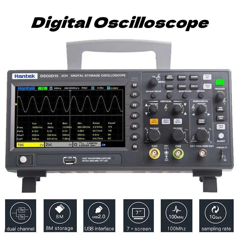 Hantek DSO2D15 Digital Oscilloscope DSO2C10 2D10 2 Channels 150MHz Osciloscópio 25MHz Signal Generator Voltmeter Frequency Meter