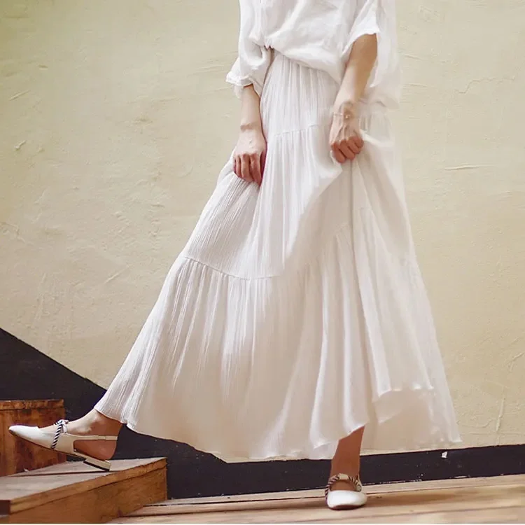 2025 Summer New Women White Long Skirt High Waist Stretch Cotton And Linen Skirts Saia Women A-Line Skirt Faldas Jupe Femme — zdjęcie 2
