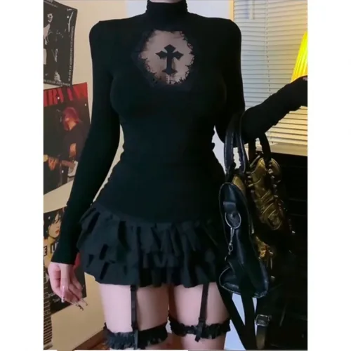 Imagen 2 del producto Camisetas góticas de cuello alto con Cruz oscura para mujer, jerséis ajustados informales negros de manga larga, Tops transparentes Harajuku Y2K