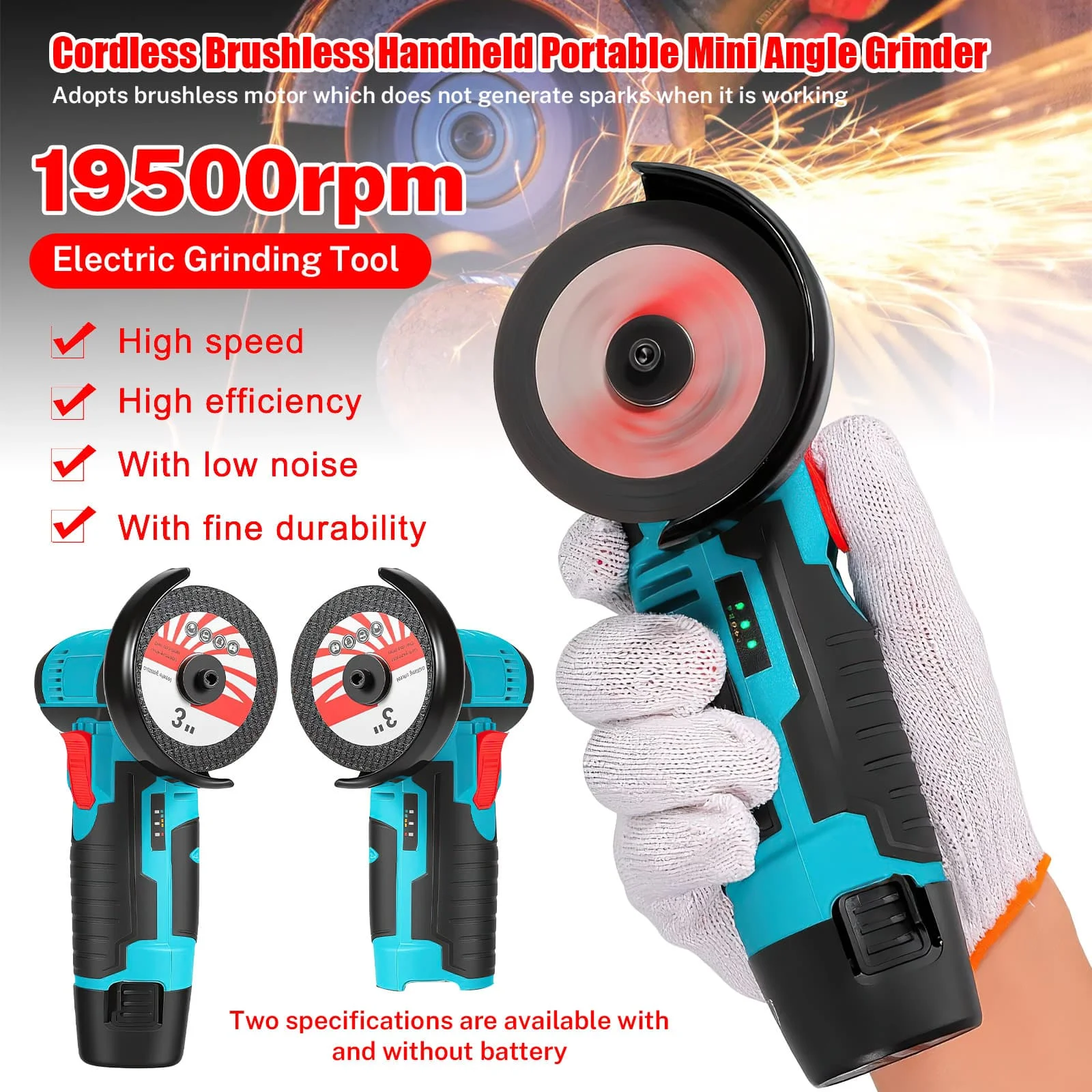 Smerigliatrice elettrica senza fili, 19.500 giri/min, macchina portatile per lucidatura e smerigliatura, utensile elettrico per taglio con disco diamantato, batteria da 12 V, ricaricabile.