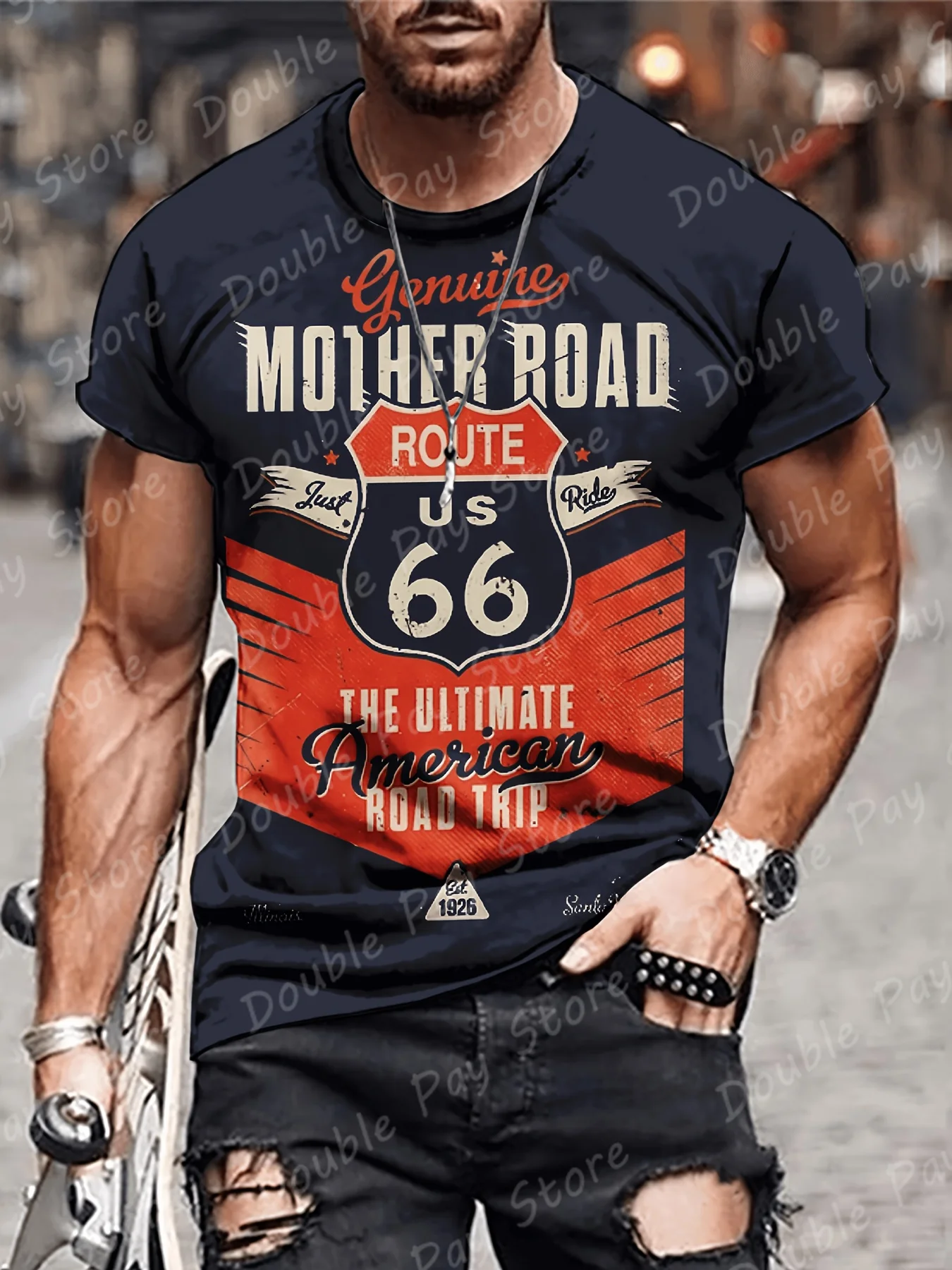 

Men Clothing For Outdoor T Shirt Top ROUTE 66 Print Design Unisex T-shirt Casual Fashion Short Sleeve Crew Neck Absorb Sweat Tee