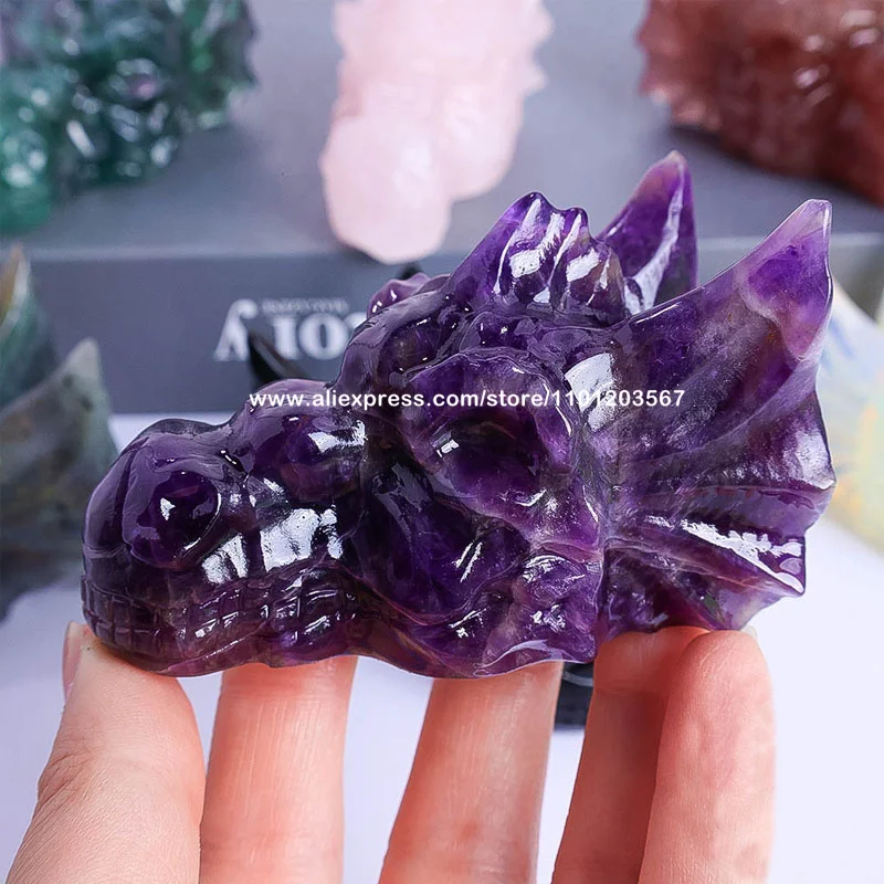 Natural Crystal Dragon Skull Healing Decor Labradorite Dream Amethyst Fluorite Rose Quartz Dream Amethyst Animal Head Statue