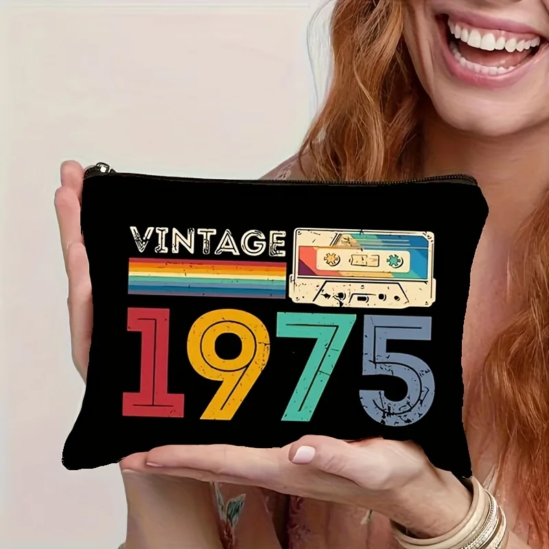 1Pc1975 Tape-Style Retro Design Multifunctional Travel Makeup Bag, Snack Storage Bag, Stationery Storage Bag, Fashionable Toiletry Bag, Canvas Double-Sided Printed Zipper Pouch