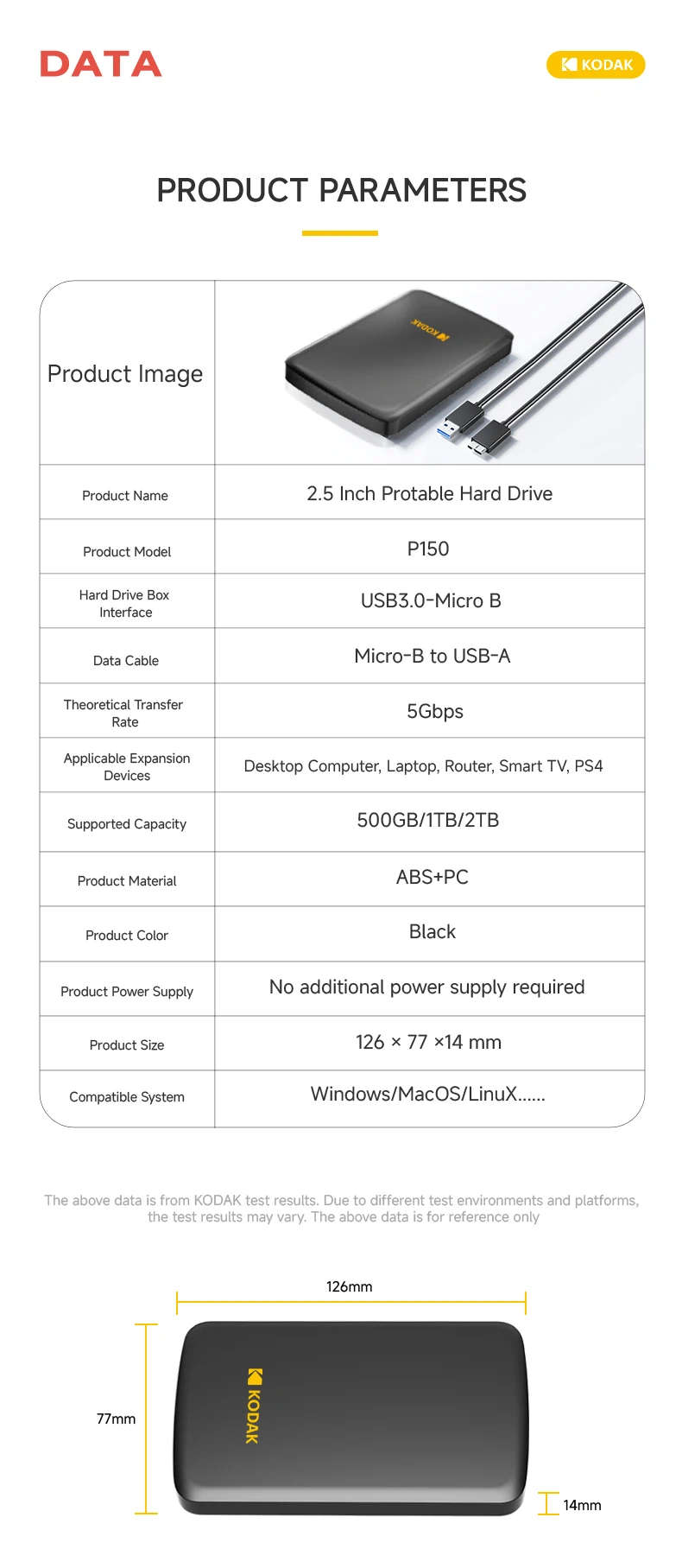 Kodak P150 Tragbare Externe Festplatte 500GB 1T USB3.0 Leichtgewichtige PHDD für PC Tablets PS5 XBOX Laptop Desktop – Detail 11