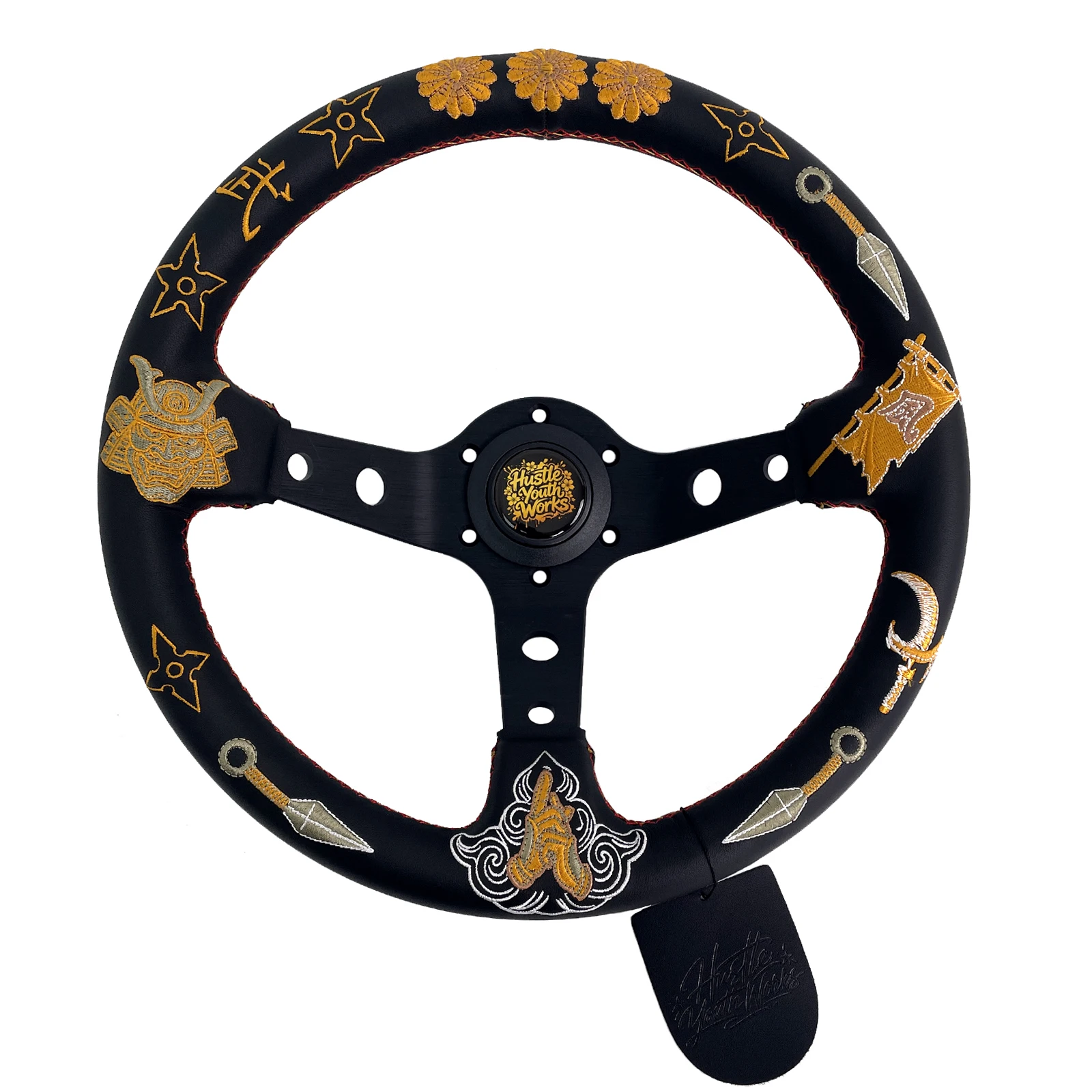 HYW 330mm Custom Black Samurai Ninja Steering Wheel Gold Embroidery Shuriken Kunai & Samurai Mask 3 Spoke JDM Drift Car Interior