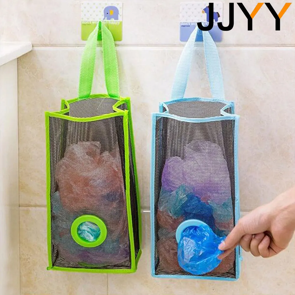 JJYY Grocery Bags Holder Organizer Trash Bag Hanging Storage Mesh Dispenser Kitchen Reusable Garbage Bag Wall Mount