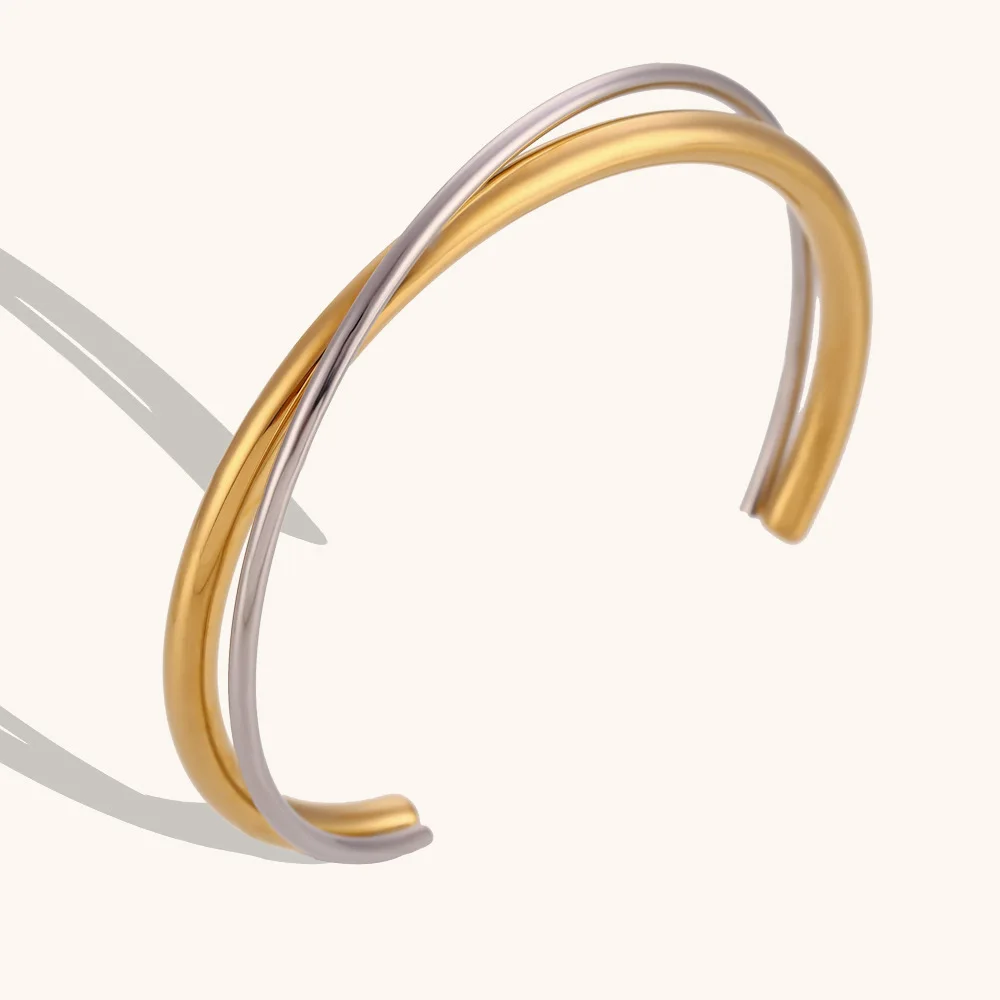 

Miranda Waterproof 18K Gold Plated Geometric Stainless Steel Double Color Cuff Bracelet Bangle Statement Charm Texture Jewelry