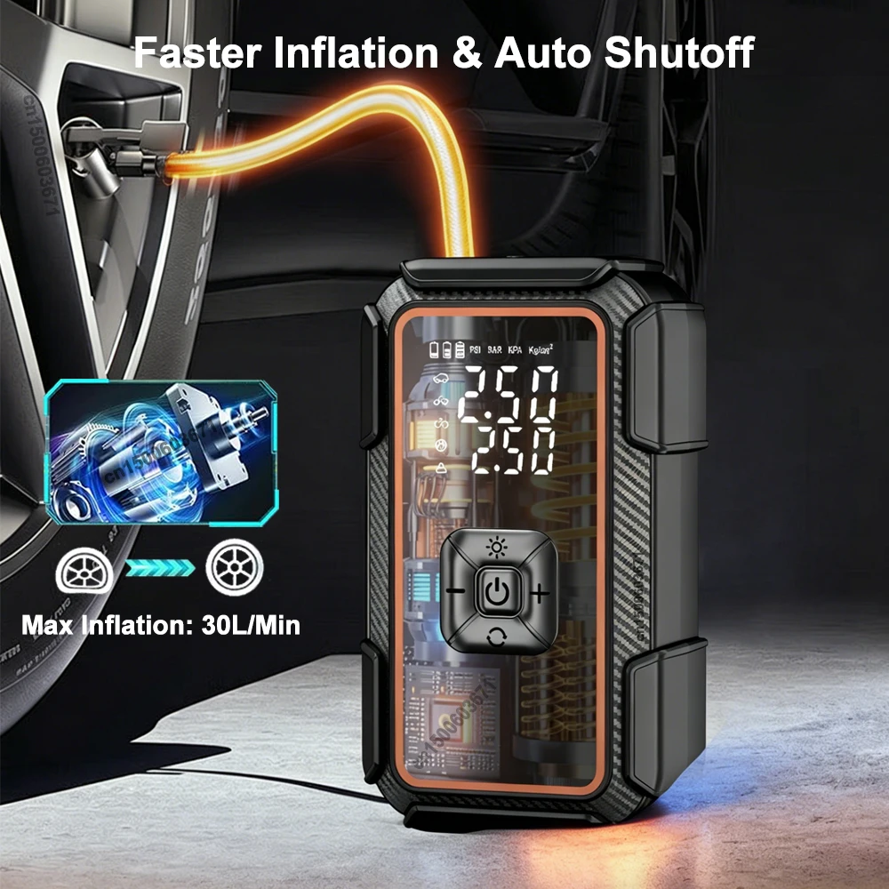 Inflador de Neumáticos, Compresor de Aire Portátil, Bomba de Aire para Automóvil, Inflador de Ruedas de Automóvil Eléctrico con Manómetro Digital, Luz LED, Mini Bomba de Aire Inalámbrica para Motocicleta, Bicicleta y Balones