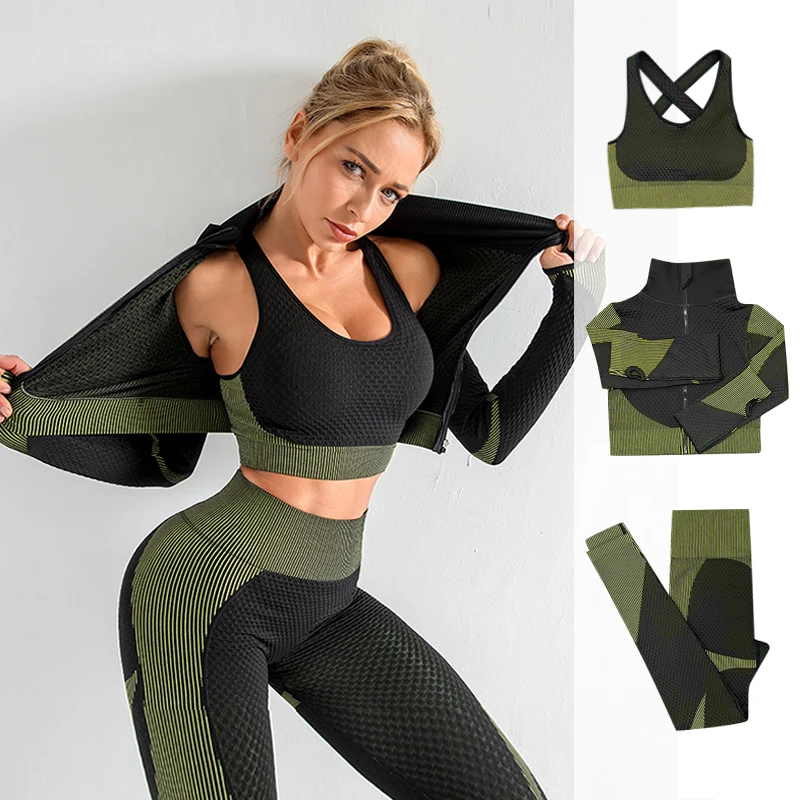 PINGNIAO 3 Piece Seamless Women's Yoga Wear Workout Activewear Fitness Long Sleeve Cropped Top High Waist Leggings Active Set