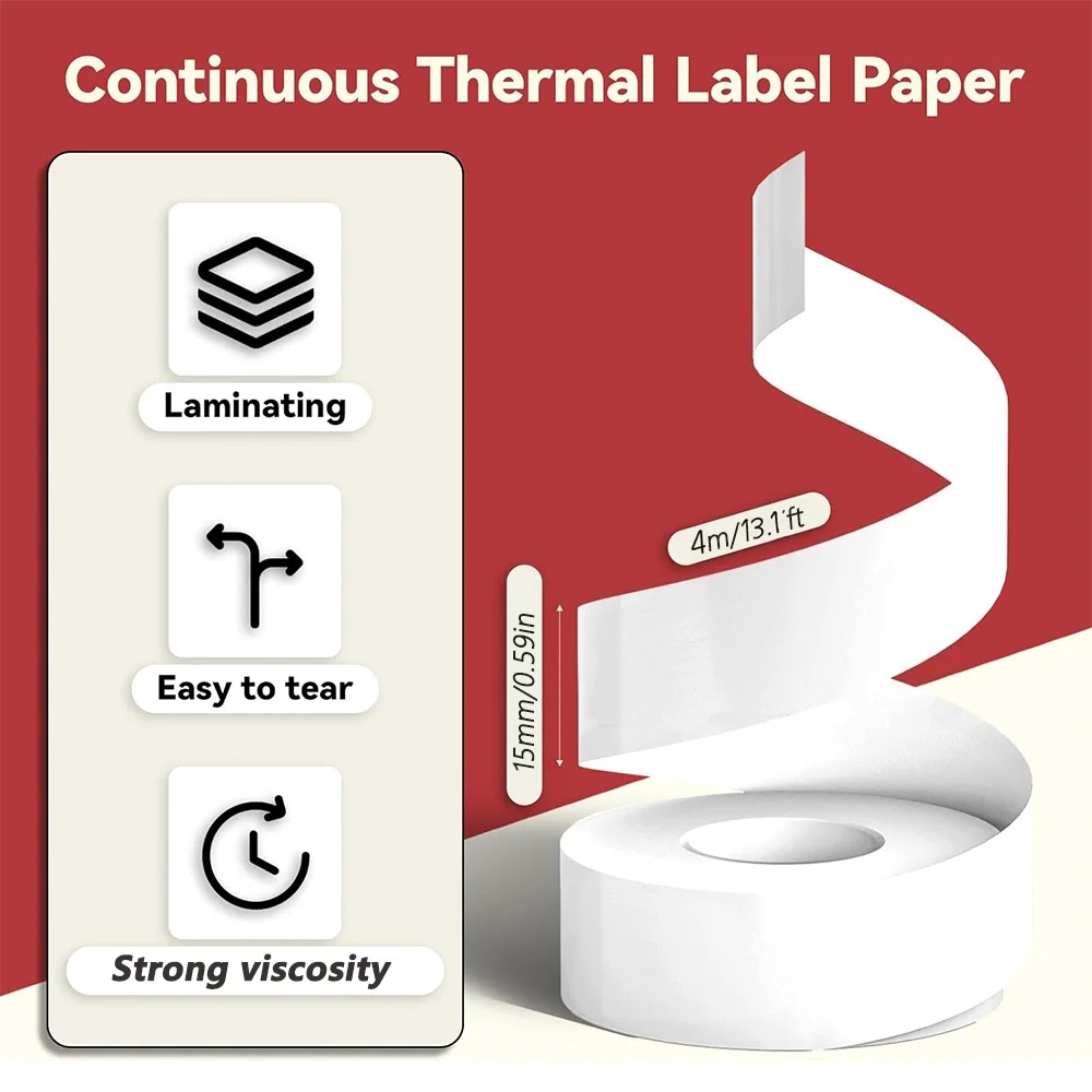 D30 شريط ملصقات مستمر حراري متوافق مع صانع الملصقات الصغيرة الذكية ملصقات طباعة بيضاء سبليت الظهر 15 مللي متر x4 متر 0.59 "x23'3 لفات