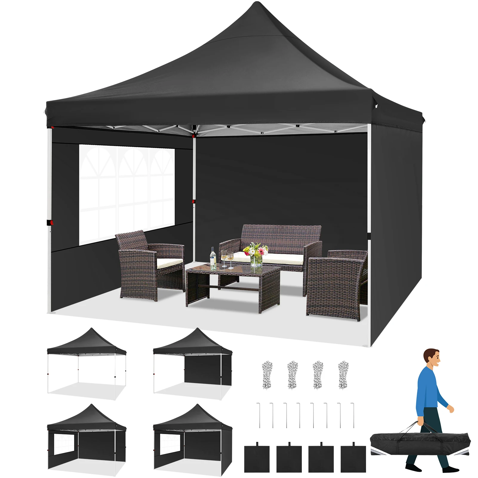 

10x10ft Garden Gazebo Pop Up Canopy Tent Pavilion With 3 Sidewall For Parties Backyard Outdoor Commercial Instant Shelter UV50+