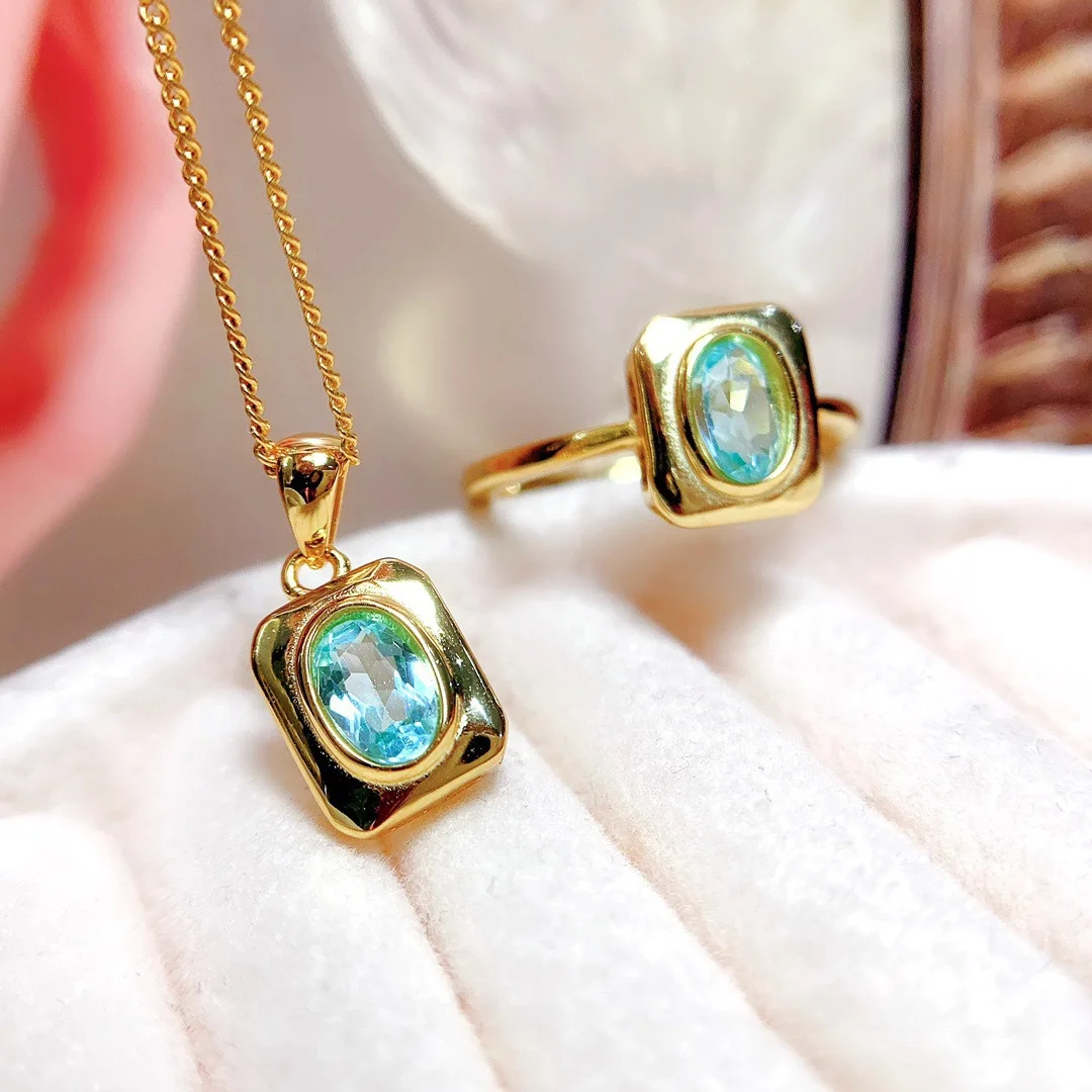 KJJEAXCMY Girls' Pure Natural 4x6mm Apatite Necklace Pendant Ring Set 925 Pure Silver Plated 18K Gold Christmas Gift Girlfriend