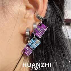 HUANZHI 2022 New Cyberpunk Circuit Board Pendant Earrings Stainless Steel Colorful Small Dangle For Men Women Party Jewelry