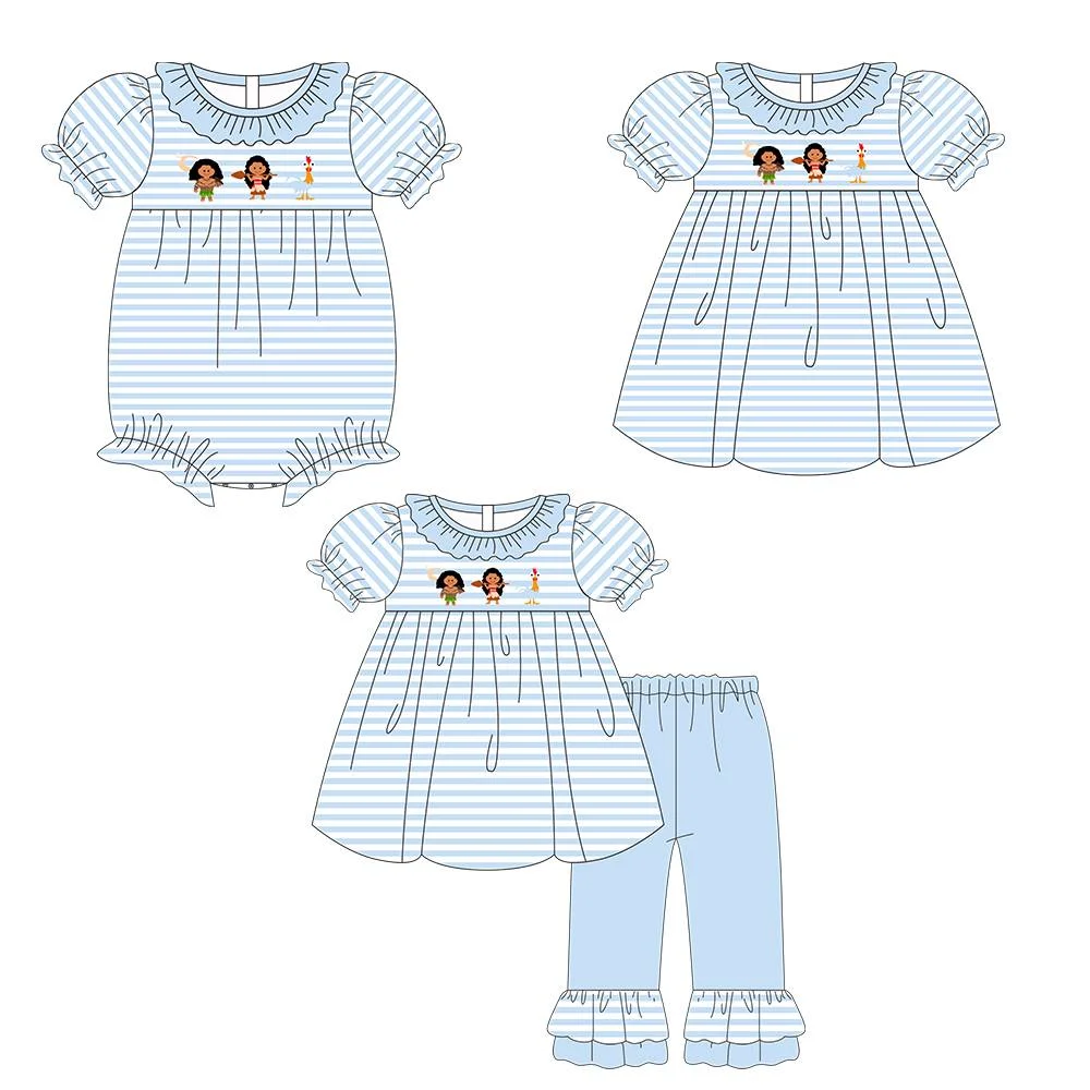 

New hot sale blue striped cute printed girl clothing siblings baby onesie milk silk boutique wholesale