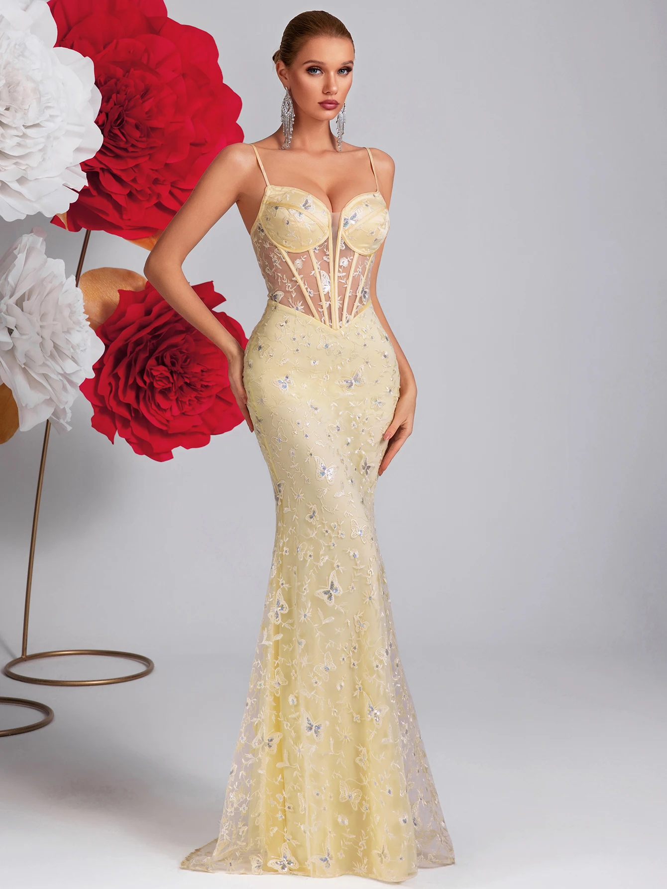 Adyce Elegant Summer Women Fashion Dresses Spaghetti Straps V-Neck Embroidered Hollow Backless Lace-Up Prom Party Wedding Dress