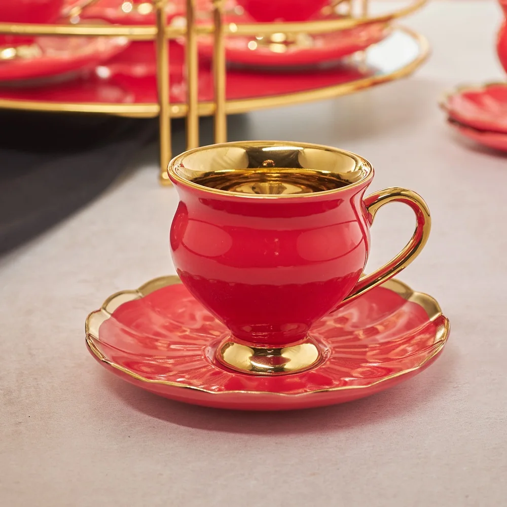 Juego de tazas de café de oro rojo de 6 tazas de café de 90 ml, 6 tazas de café turco, 6 platos de café árabe