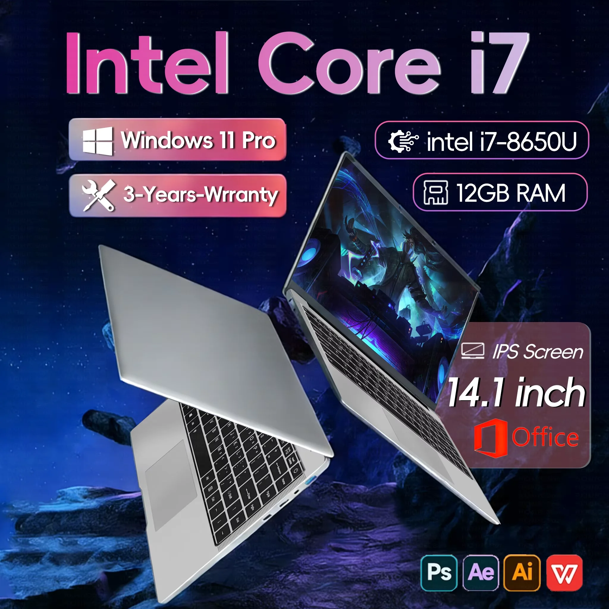 Computadora portátil de 14.1 pulgadas, Intel Core i7 8650U, 12GB de RAM, 512GB/1TB/2TB SSD, Laptop con Windows 11, Notebook PC para oficina, estudio y juegos.