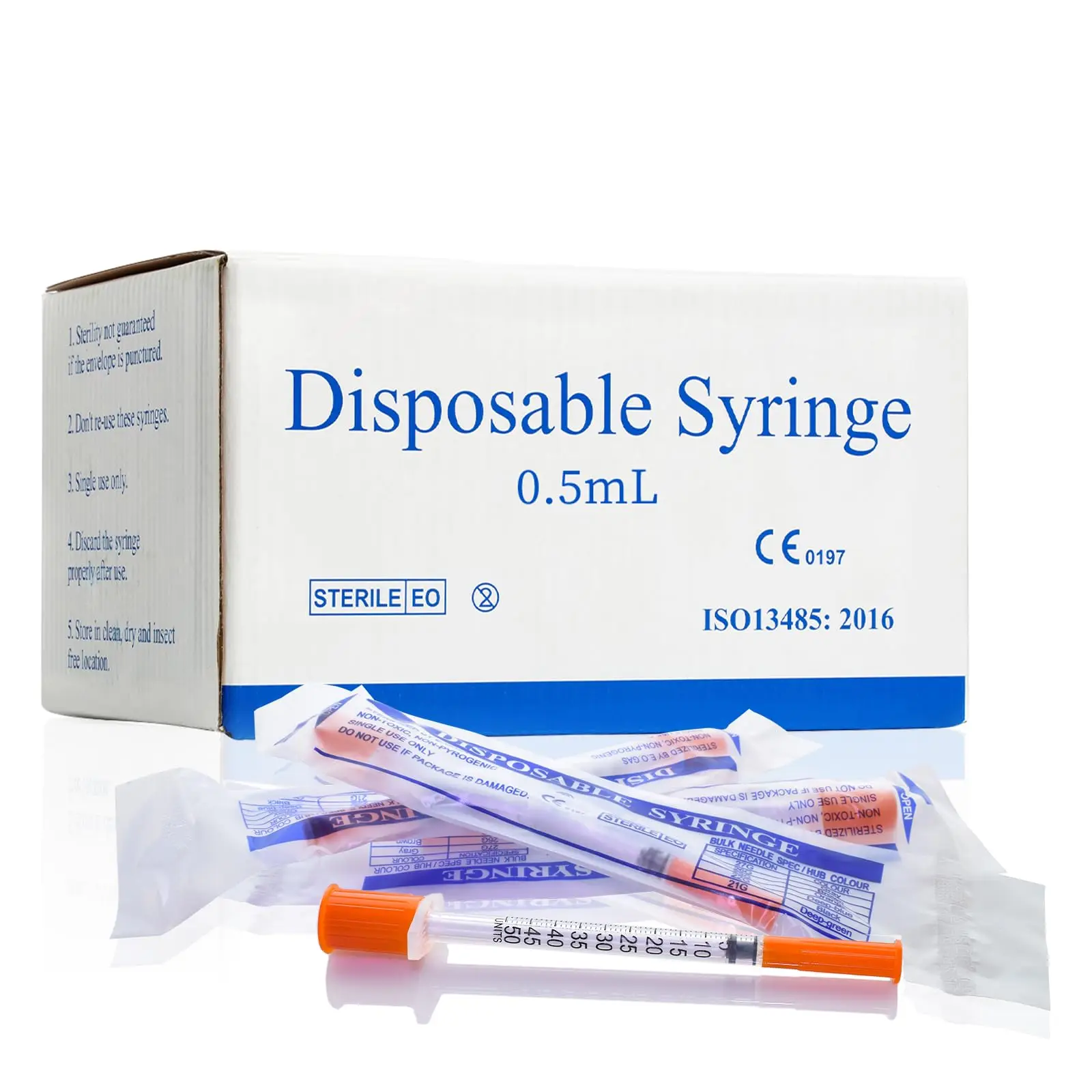 0.5ml 31G 8MM Plastic Manual Insulin Syringe Individually Wrapped for Pets Veterinary Use, 100PCS/box