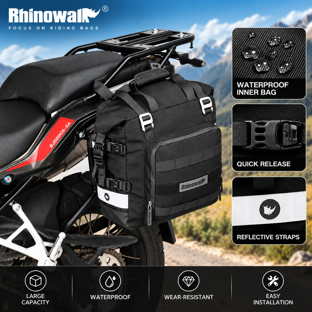 Rhinowalk Motorcycle Pannier 20L-30L Quick Release Side Saddlebag Waterproof Inner Liner Motorbike Touring Luggage 1 Piece