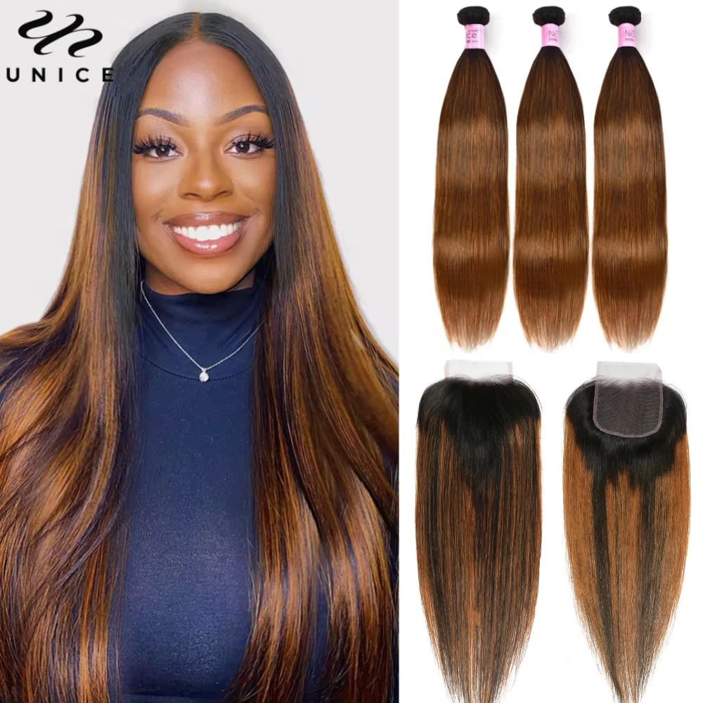 

UNICE Brown Balayage Straight Human Hair Bundles with Closure 2/3/4 PCS Hair Bundles With 4x4 Lace Closure Make 250% Denstiy Wig