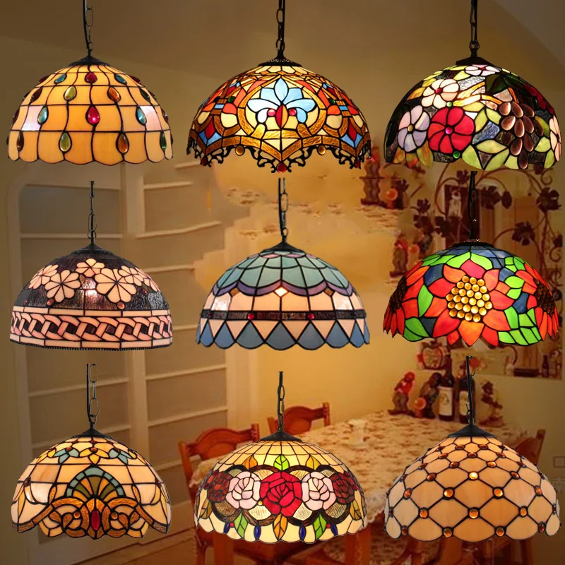 

Vintage Tiffany Pendant Lights Mediterranean Baroque Stained Glass Hanging Lamp Led Kitchen Lighting Fixtures Home Loft Decor