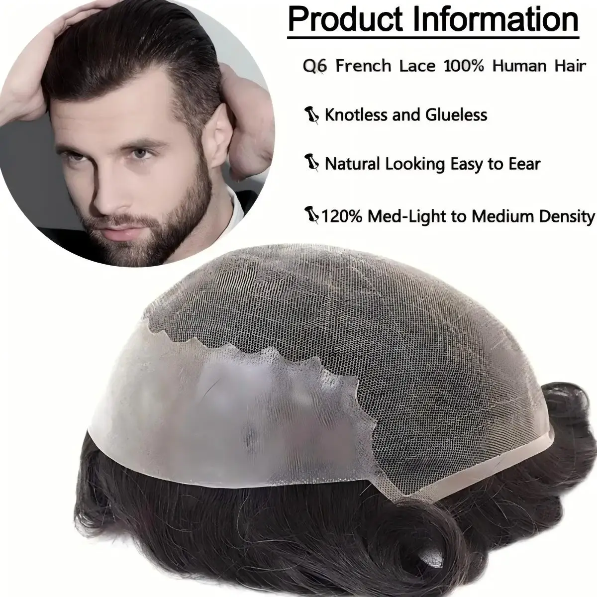 Men's Toupee Human Hair Replacement System Q6 French Lace Center Thin Skin Back&side Natural Look Human Hair Prosthesis for Male