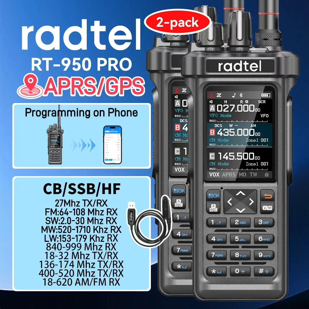 

2pcs Radtel RT-950 PRO+Programming Cable Walkie Talkie AM/FM/CB Receiver GPS APRS with 10W Bluetooth Ham Radio