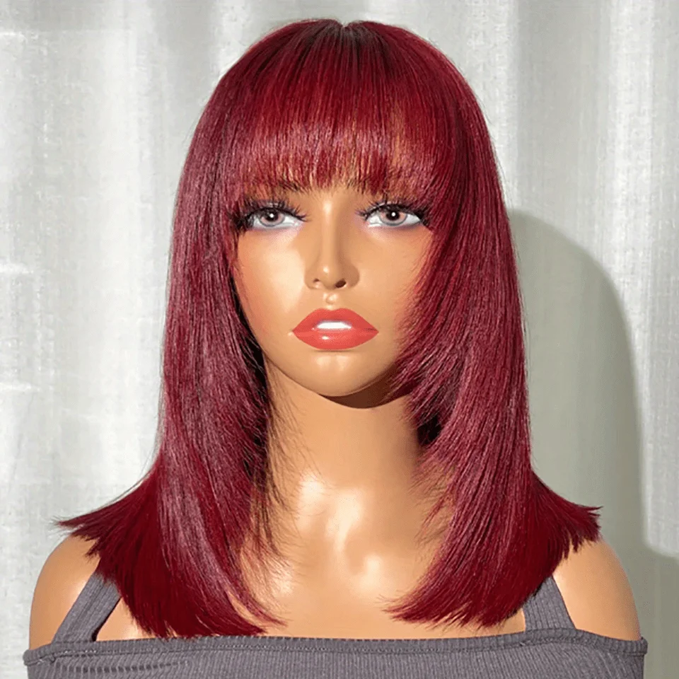 Glueless Bob Wig with Flattering Bangs - Premium Brazilian Remy Human Hair, Effortless Straight Style, 180% Density Full Machine