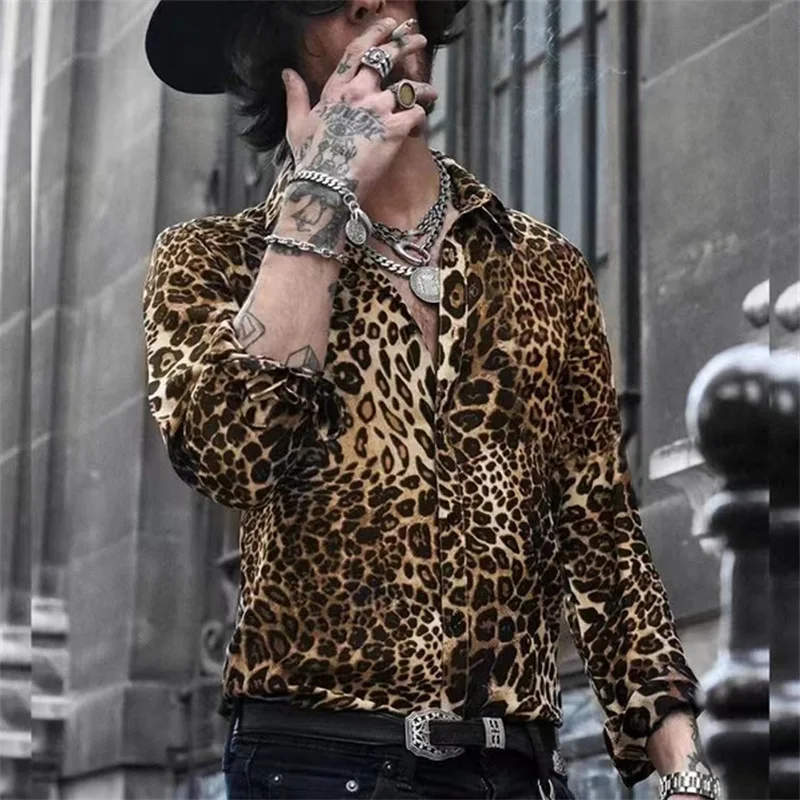 Hawaiian Fashion Luxury High Quality Leopard Print Men's Shirts Single Breasted Shirts Casual Camo Print Long Sleeve Men's Tops