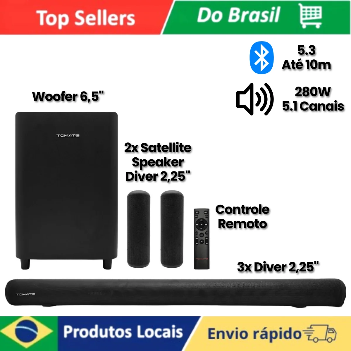 Kit de caja de sonido de tomate de 280W con barra de sonido Bluetooth 5,1 canales compatibles con HDMI ARC USB Aux Optico y Woofer 6,5 pulgadas Bivolt