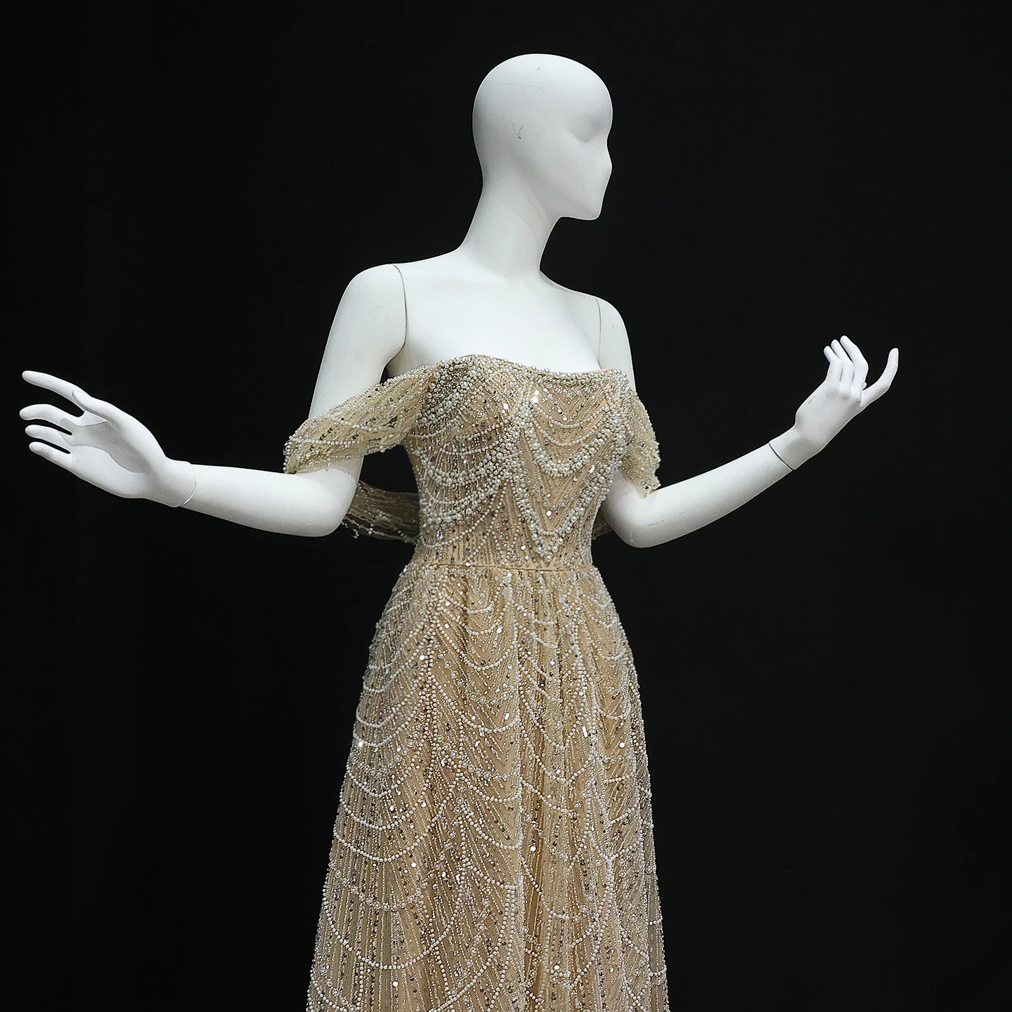 Sharon Said Luxuriöses Arabisches Perlenbesetztes Nude-Abendkleid für Dubai-Hochzeit, Schulterfrei, Übergröße, Formelle Partykleider SS676 Maßanfertigung – Detail 12
