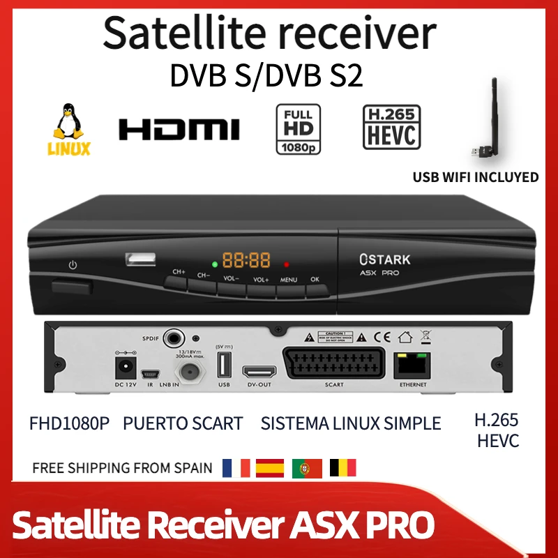 Ostark-ASX Pro DVB-S2 H265 RJ45 satellite receiver Linux system simple USB wifi shipping from Spain to all Europe