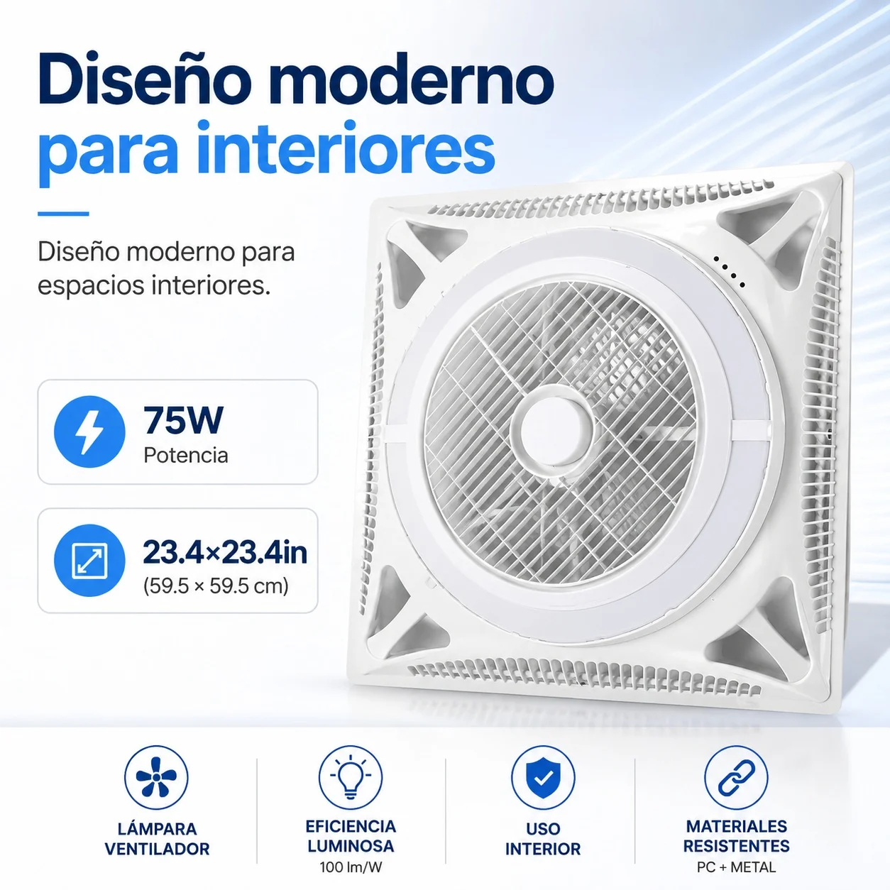 Ventilateur de plafond 2 en 1 avec lumière LED 59,5x59,5 cm, silencieux, puissant, ventilation efficace, installation facile, faux plafond, salon, chambre, cuisine, bureau, salle de bain