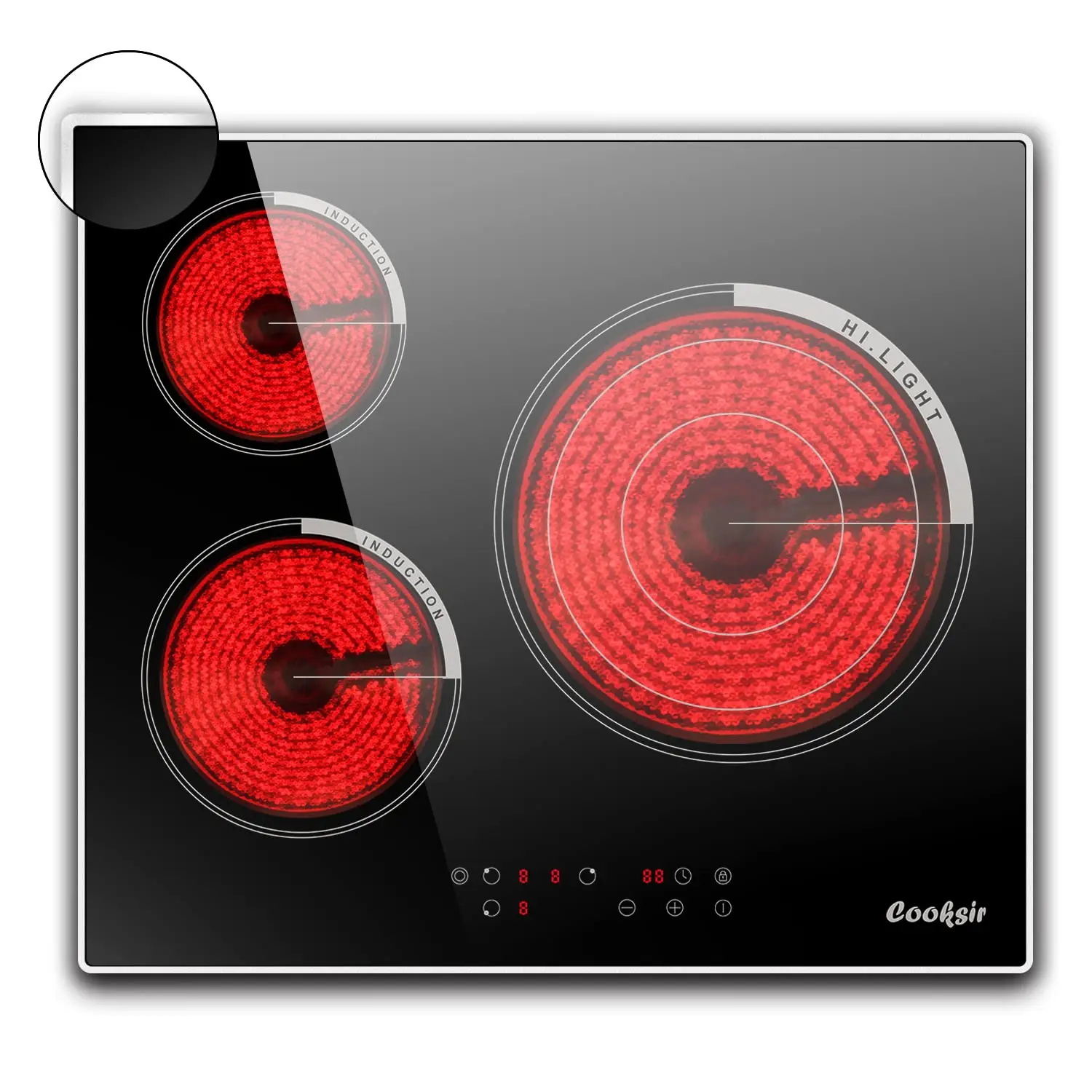 Placa de Vitrocerámica Cooksir con Marco, 3 Zonas, 5700 W, 60 cm, Placa de Vitrocerámica Integrada, 9 Niveles de Potencia, Sin Enchufe