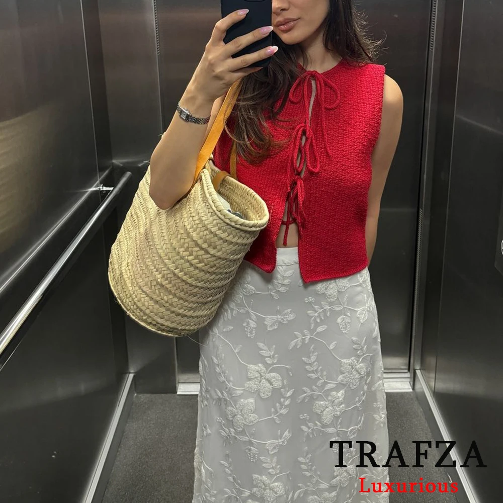 TRAFZA Casual Red Knitted Bow Vest Women O Neck Sleeveless Sweater Cardigans Fashion 2024 Autumn Winter Elegant Women Waistcoats