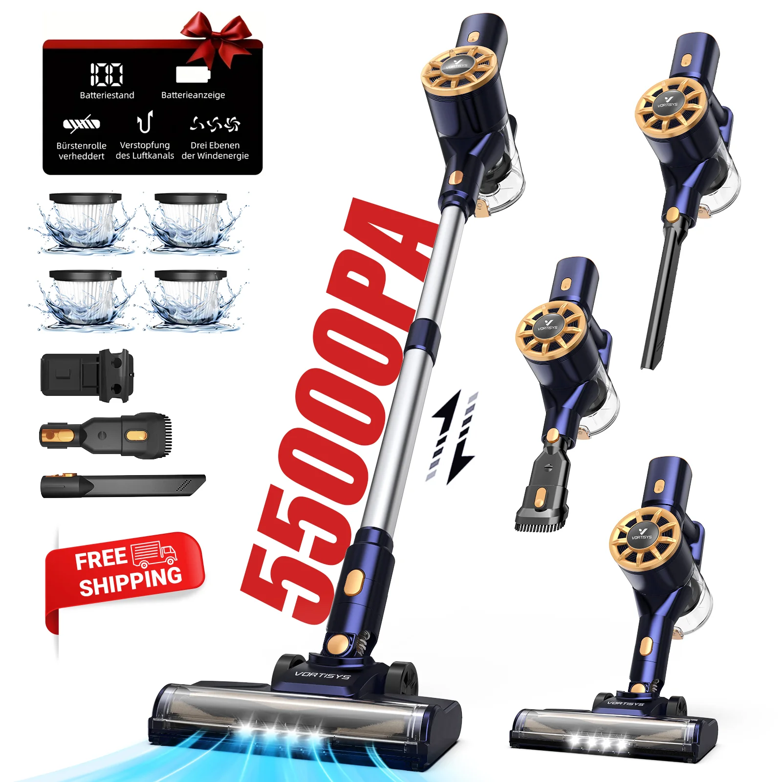 Aspirateur sans fil 55KPA/50MIN, aspirateur balai 6 en 1 avec affichage LED, poteau extensible et Anti-emmêlement, idéal pour F