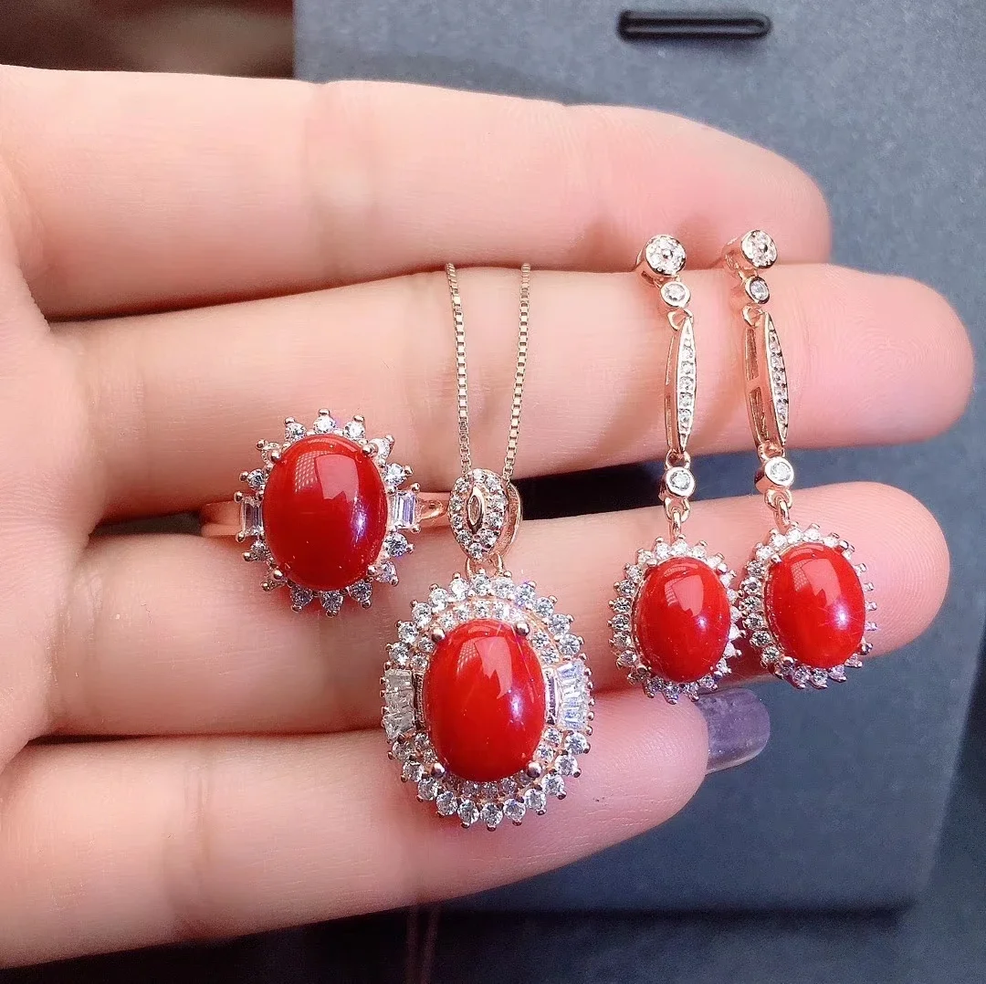 KJJEAXCMY Women's Natural Red Coral Gemstone Necklace Pendant Ring Long Earring Set 925 Pure Silver Plated Rose Gold Party Gift view 2