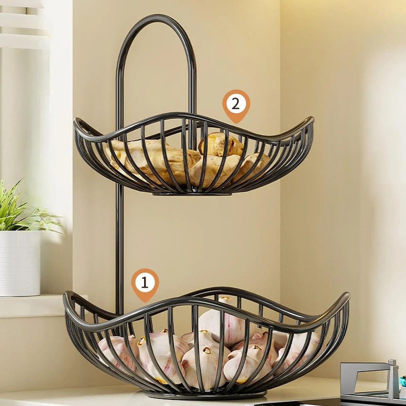 2 Tier Decorative Modern Fruit Basket Vegetable Bread Holder Fruit Storage Rack Serving Tray Home Kitchen Organizer