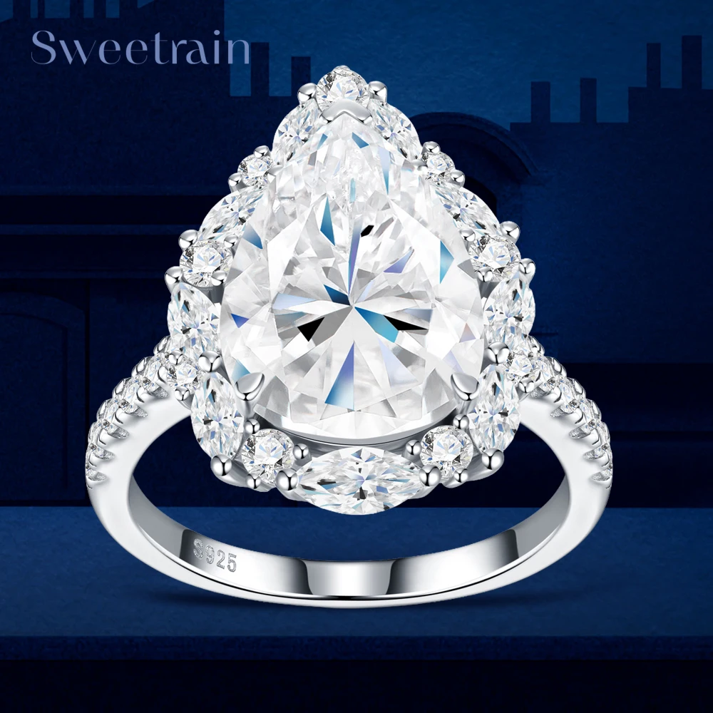 2-6CT Pear Cut All Moissanite Ring Certified 925 Sterling Silver Plated 18K D VVS1 Lab Diamond Wedding Engagement Band for Women