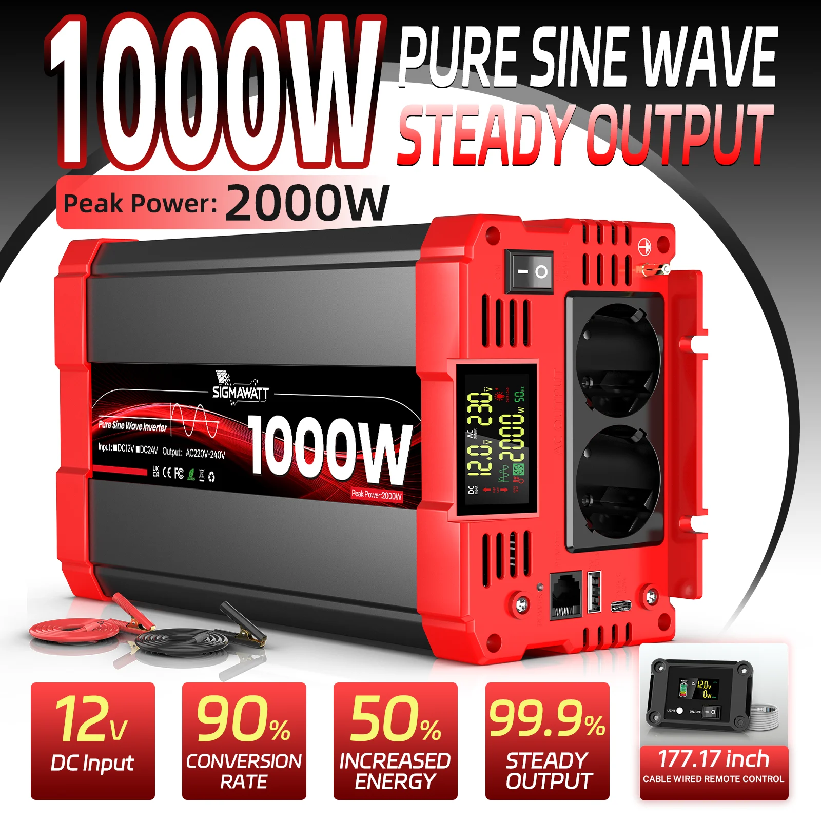 Reiner Sinus-Wechselrichter DC 12V AC 230V 1000W Nennleistung 2000W Spitzenleistung LCD-Display Fernbedienung USB Typ-C für Wohnmobil Auto Konverter
