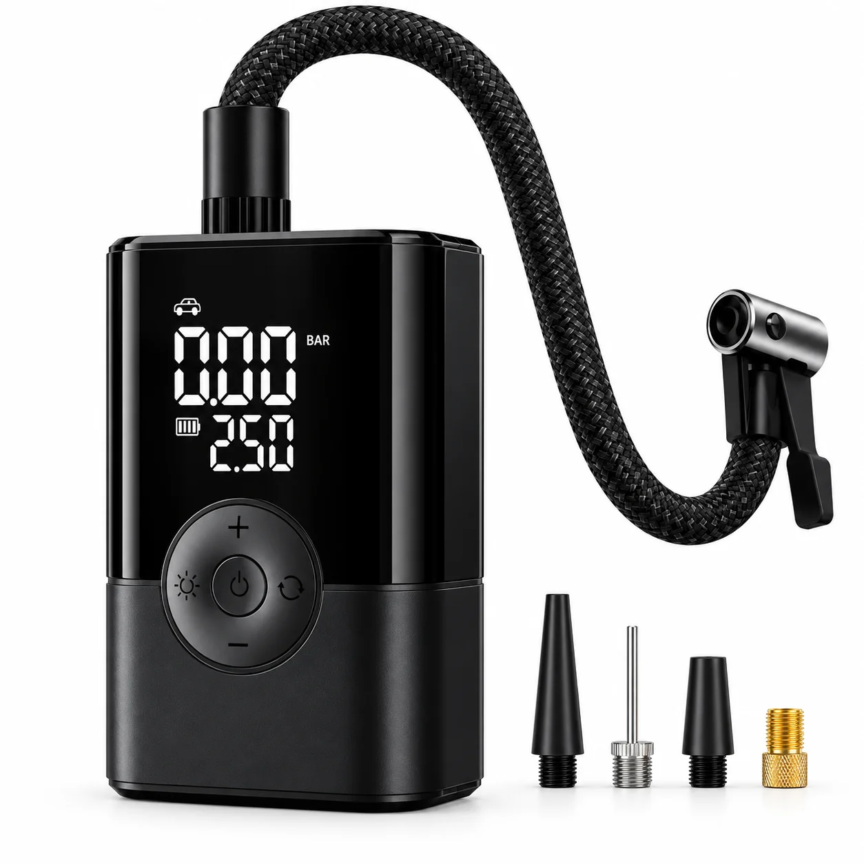 Portable Tire Inflator Air Compressor, Digital Tire Pump with Pressure Gauge, Fast Inflation Electric Air Pump for Car Tires, Motorcycles, Bicycles & Sports Balls, Auto Shut Off, LED Light, 4 Nozzle Adapters, Compact Emergency Tool