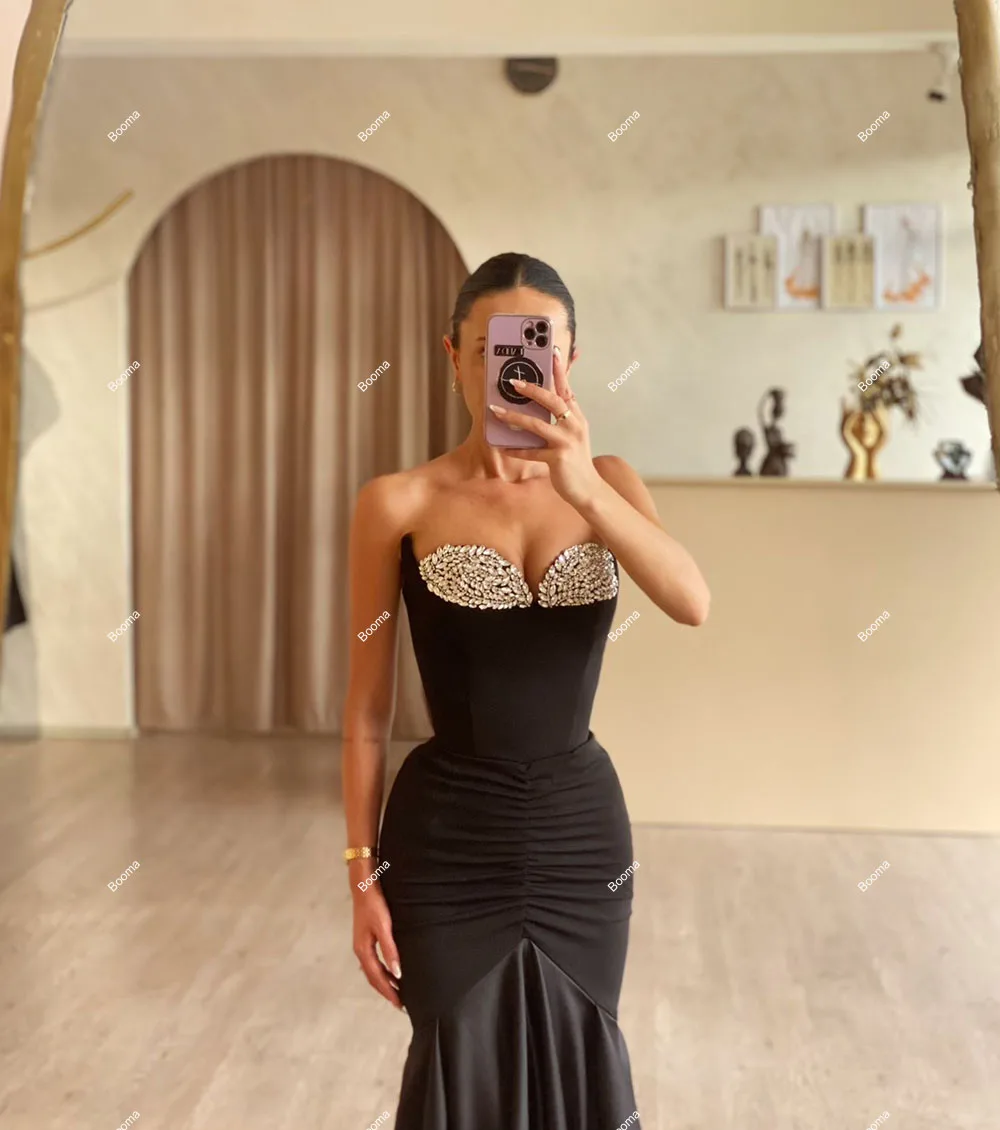 Booma Black Mermaid Evening Dresses Sweetheart Crystal Satin Formal Occasion Gowns for Women Elegant Party Prom Dress Dubai