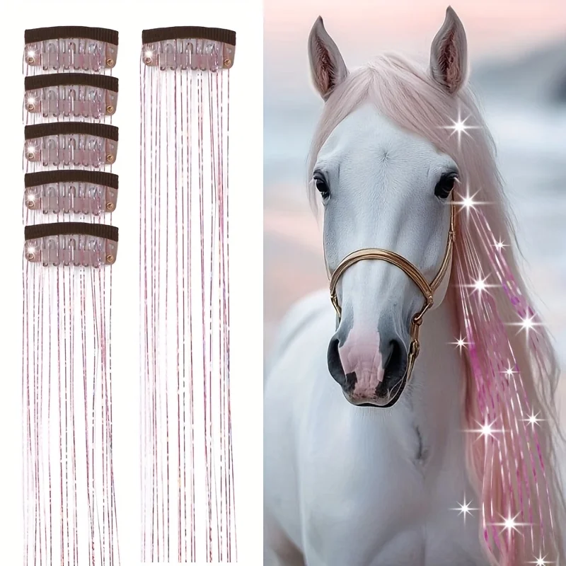 20-inch 6-clip synthetic fibers hair extensions, glittery fairy hair extensions, sparkly horse hair shimmering set for horse