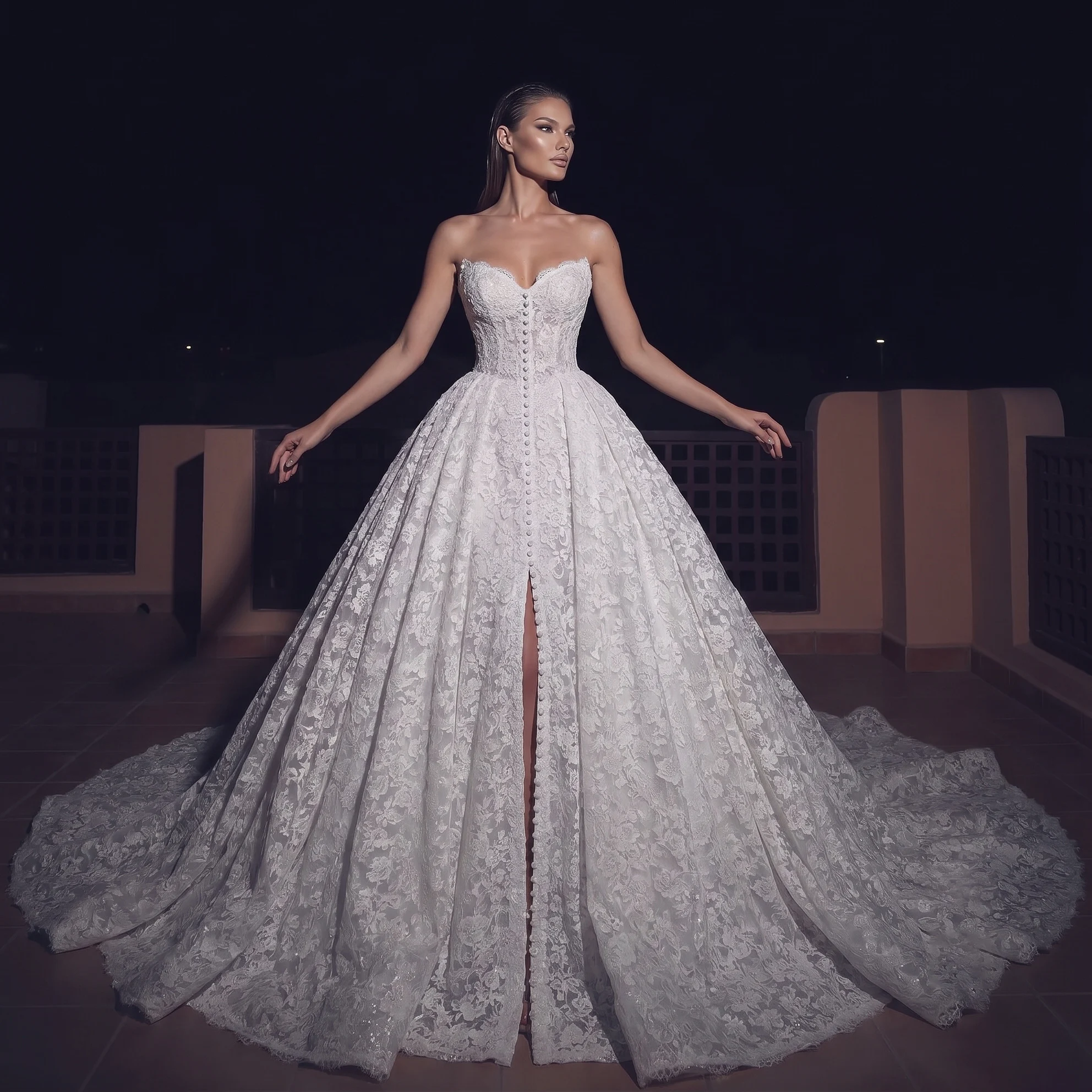 Sharon Said Luxruy Lace Wedding Dress Ball Gown V Neck Strapless Buttons Lave-up Bridal Gowns Bridal Gowns SW742 Customized