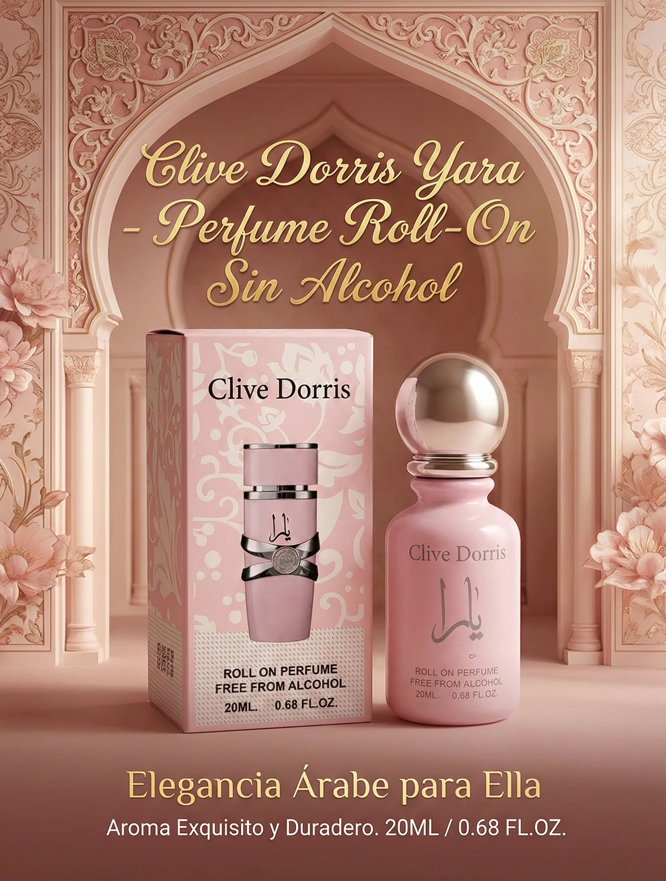Perfume Roll-On Clive Dorris Mujer 20ML • Fragancia Árabe sin Alcohol • Aroma Floral-Amaderado Intenso • Notas de Jazmín, Rosa, Cedro y Ámbar • Aplicación Roll-On y Botella Elegante Rosa • Perfecto para Uso Diario