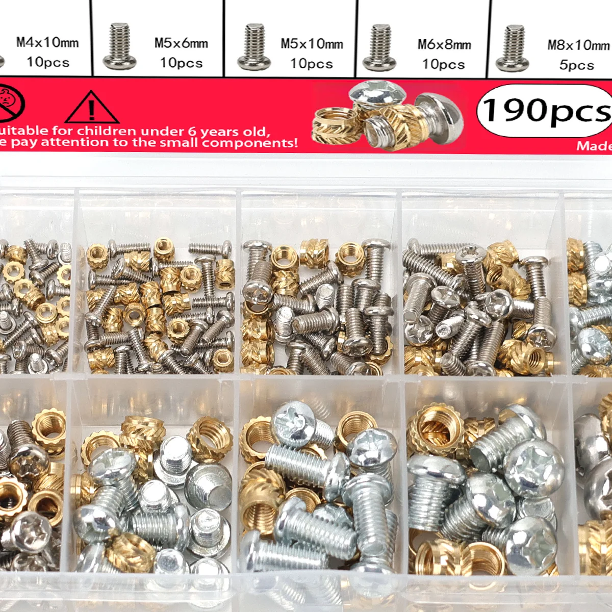 190-Piece Brass Threaded Insert and Screw Set, M2-M8 Sizes, Including Thermosetting Nuts, Suitable for 3D Printed Plastic Parts.