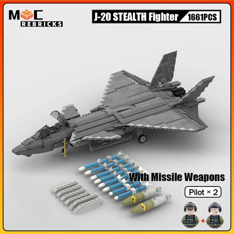 

Modern Military Air Forces J-20 STEALTH Fighter MOC Military Weapons Building Block WW II Airplane Model Bricks Toys for Child