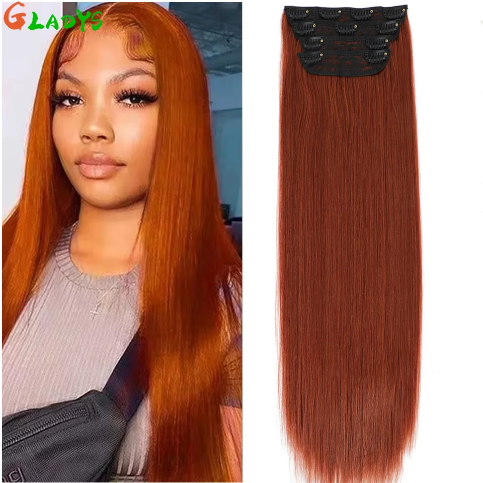 

Straight 11 Clips Ins Hair Extensions Orange Brown High Temperature Fiber 60cm Synthetic Hair Daily Use Hair Piece Extensions