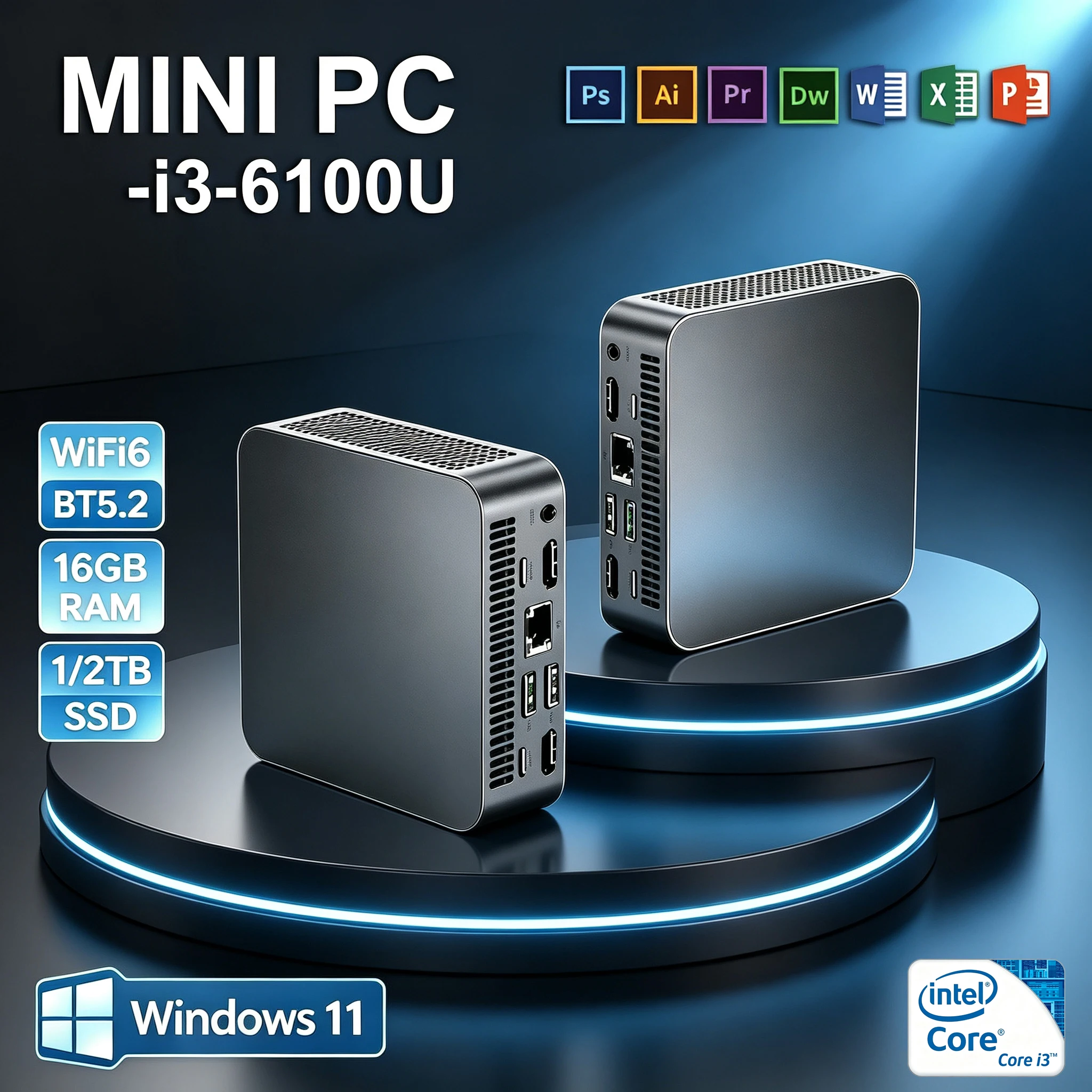 Mini PC Intel Core i3 6100U, ordinateur d'étude, ordinateur de bureau, Windows 11 Pro, PC Gamer, petit Minipc, 16 Go de RAM, 1 To/2 To SSD, PC de poche