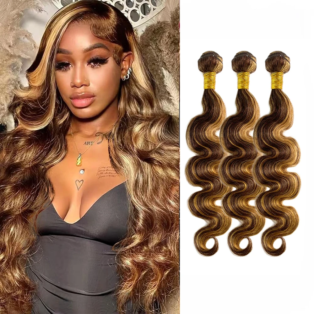 P4/27 Human Hair Bundles Ombre Highlight Body Wave Honey Blonde Virgin Remy Hair Extensions Double Weft Wet and Wavy 3 Bundles